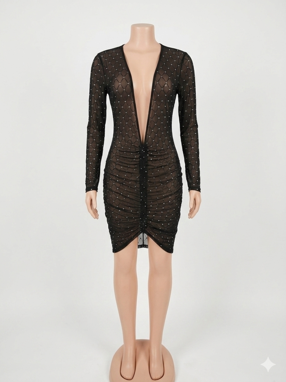 Plunging Long-Sleeve Black Mesh Mini Dress with Rhinestone Accents